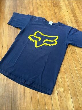 Vintage 90s Fox Racing Big Logo T-Shirt Navy Blue Yellow Men's M